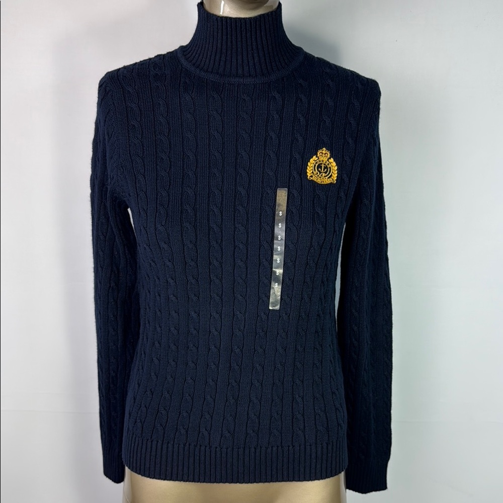 Lauren Ralph Lauren Navy Cable Knit Turtleneck Sweater with Gold Crest